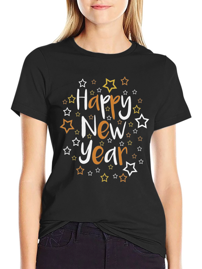 Happy New Year Star Graphic Black Tee