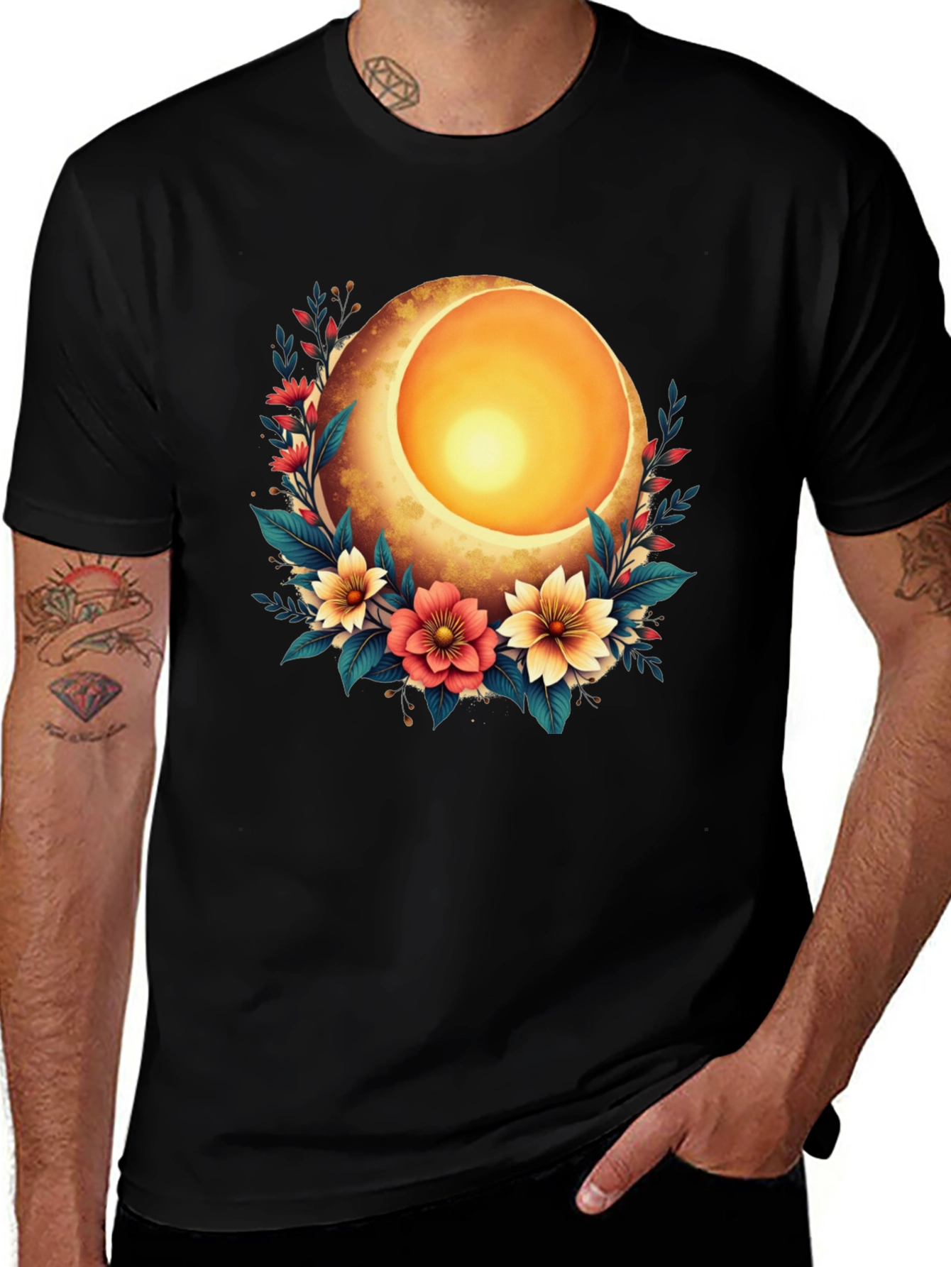 Floral Moon Graphic T-Shirt - Stylish Black Tee