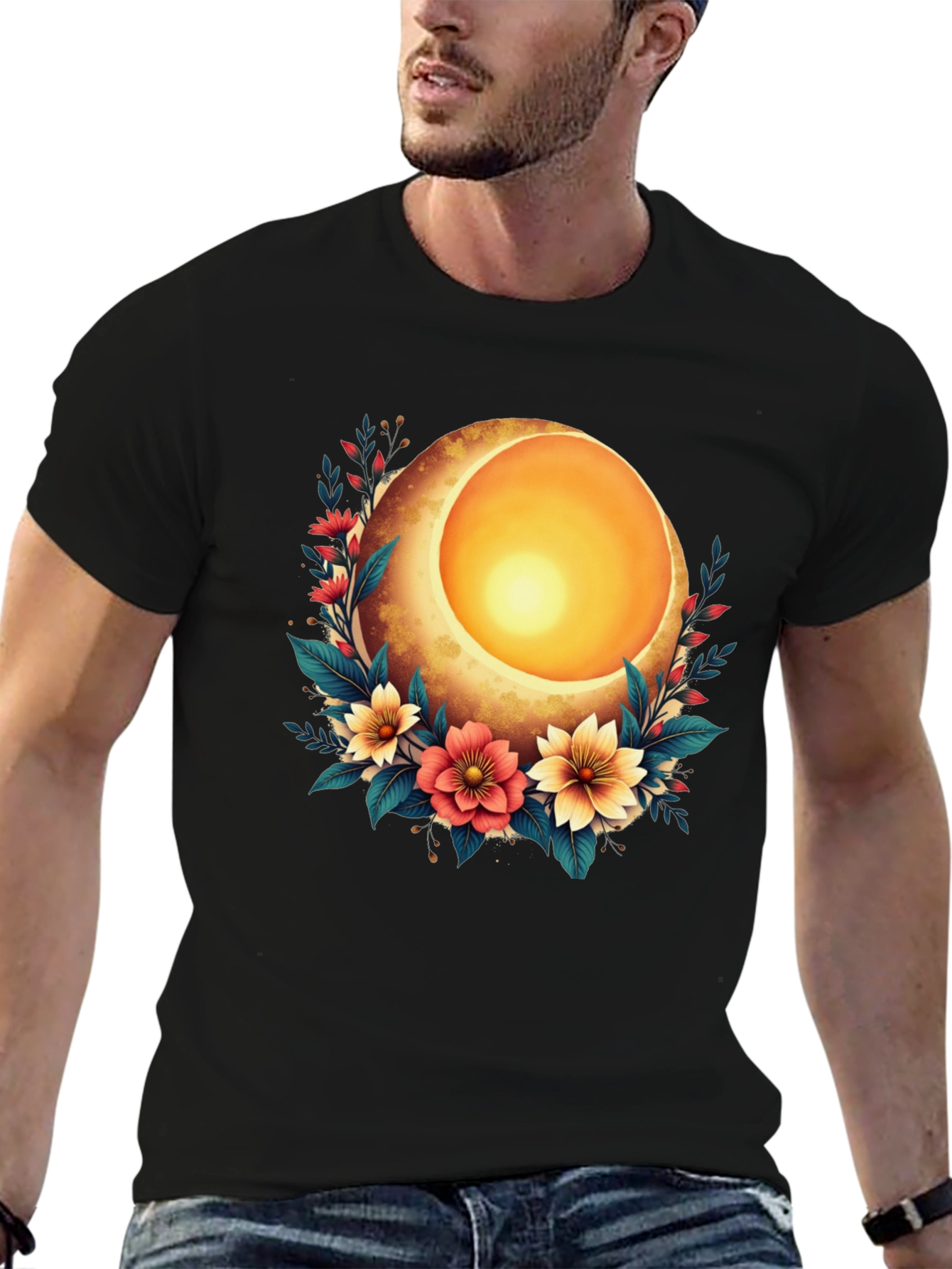Floral Moon Graphic T-Shirt - Stylish Black Tee