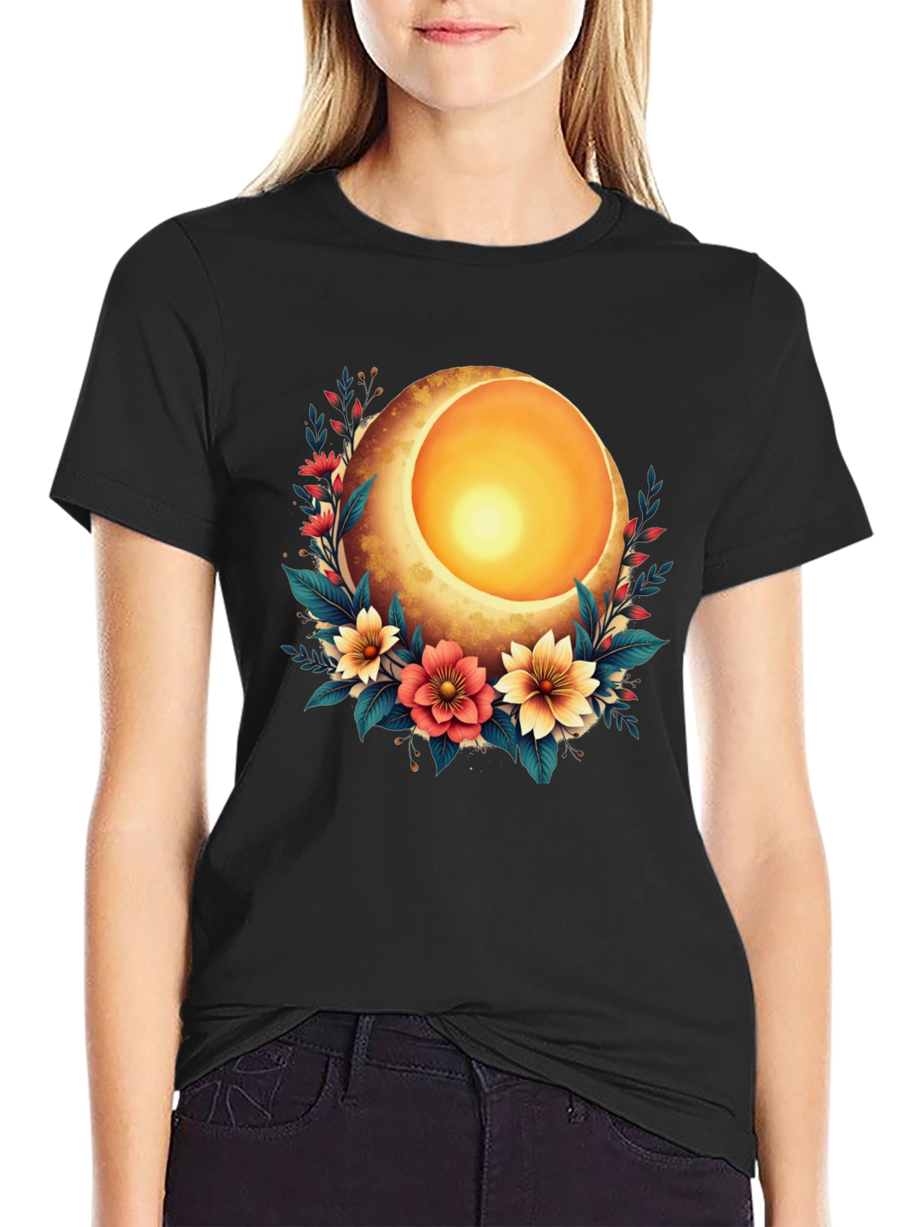 Floral Moon Graphic T-Shirt - Stylish Black Tee
