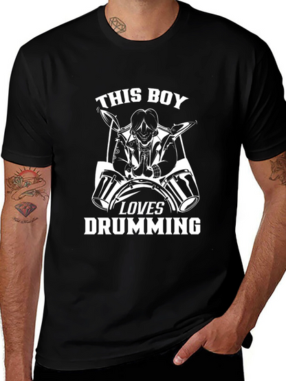 Drumming Boy Graphic Tee - Black Cotton Shirt
