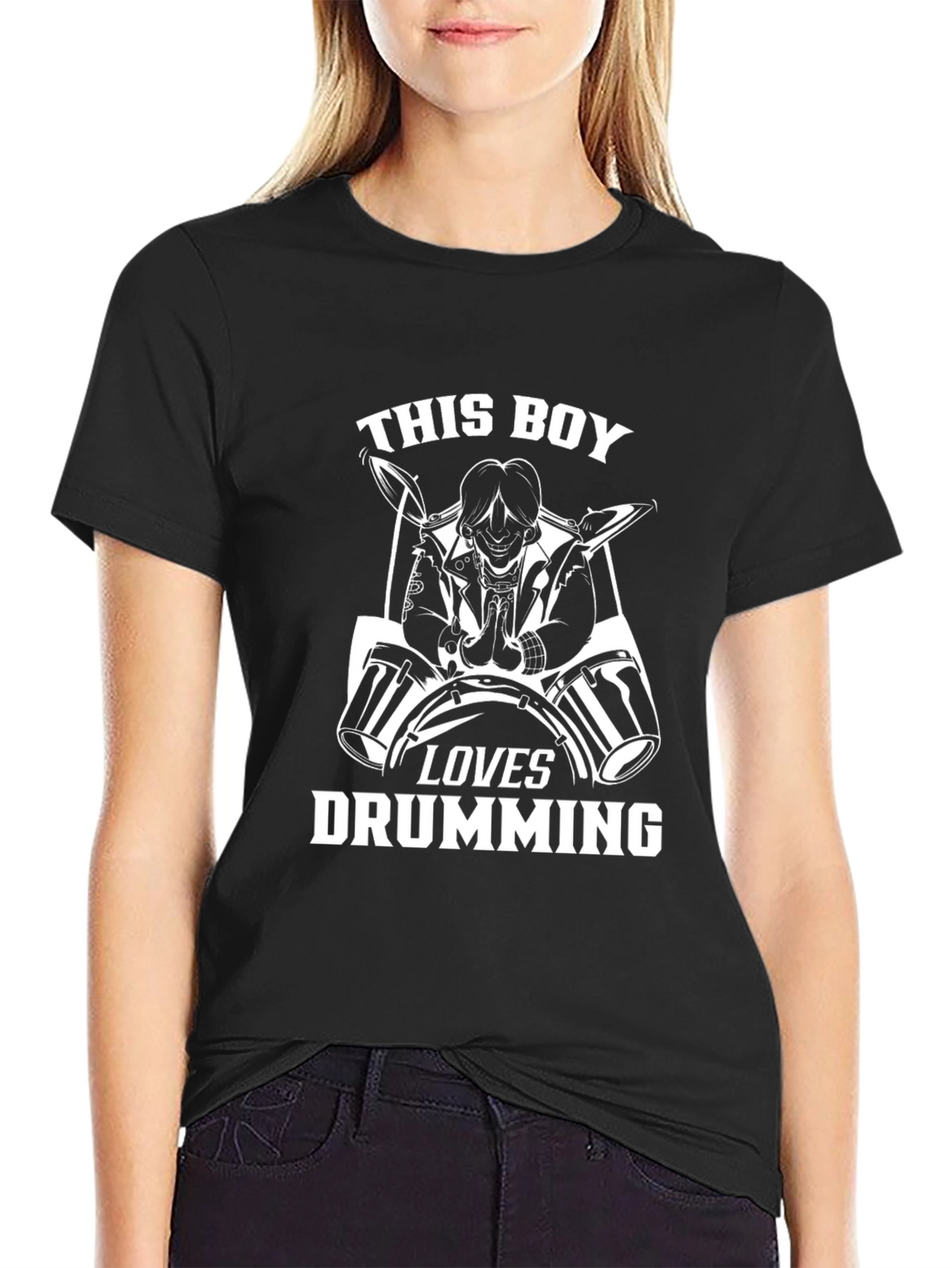 Drumming Boy Graphic Tee - Black Cotton Shirt