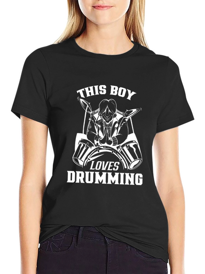Drumming Boy Graphic Tee - Black Cotton Shirt