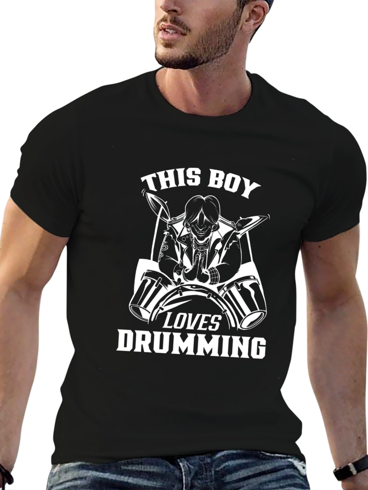 Drumming Boy Graphic Tee - Black Cotton Shirt