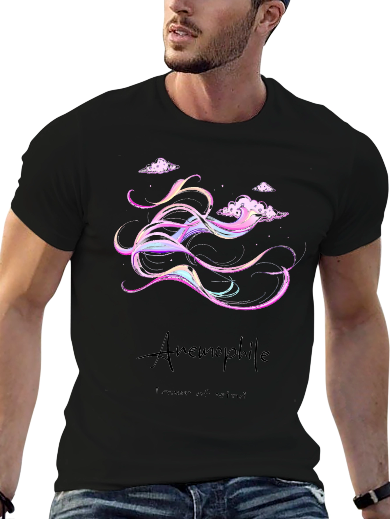 Anemophile Black T-Shirt - Whimsical Wind Design