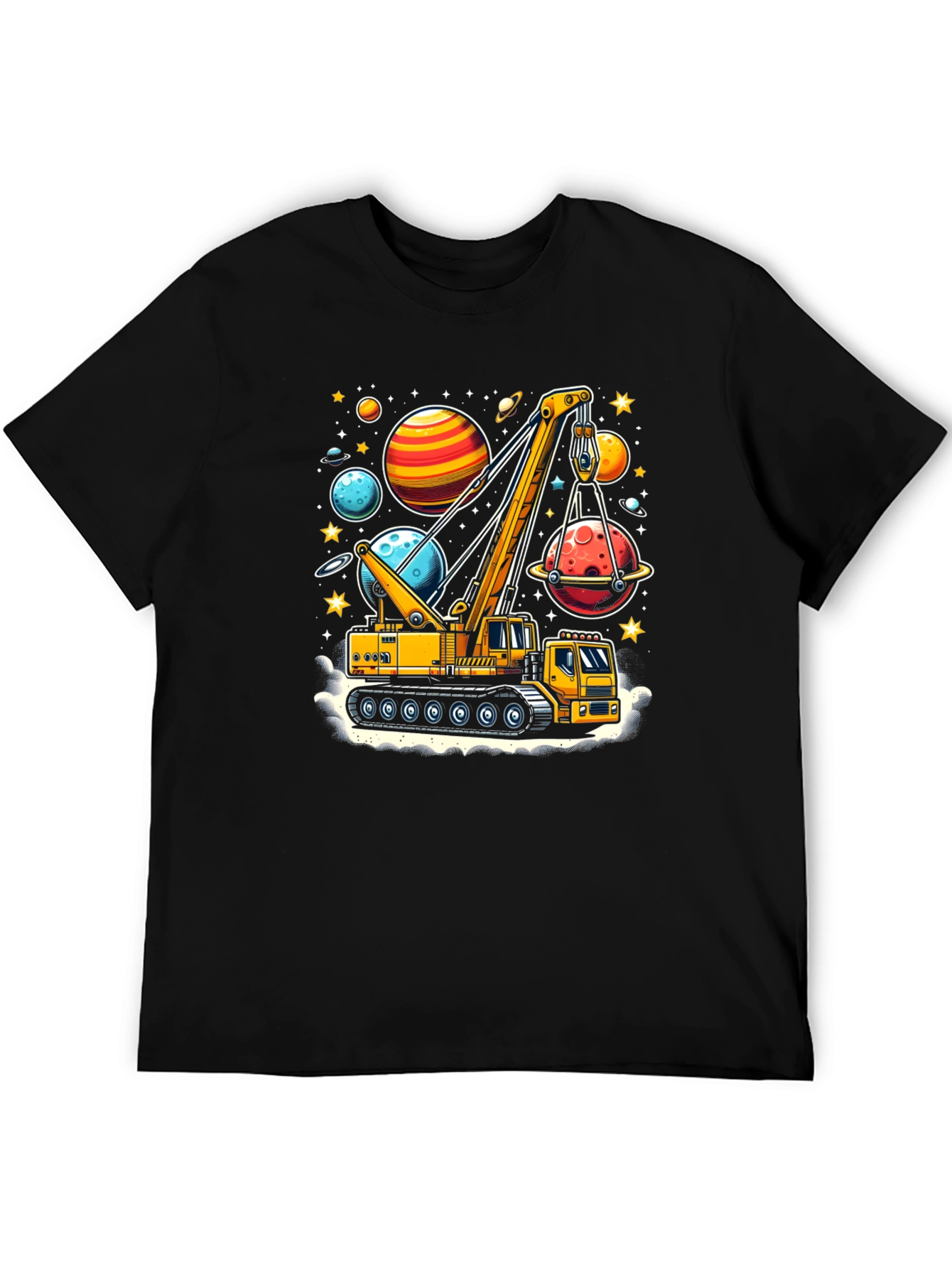 Crane Lifting Planets Graphic T-Shirt