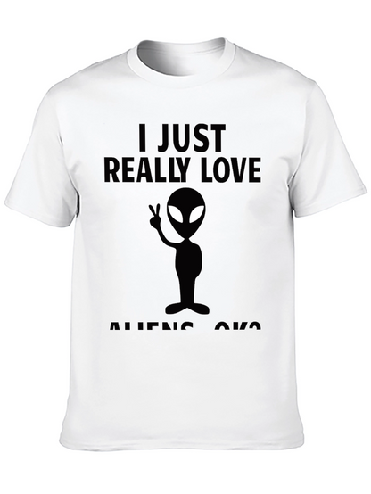 I Just Really Love Aliens Black Graphic Tee