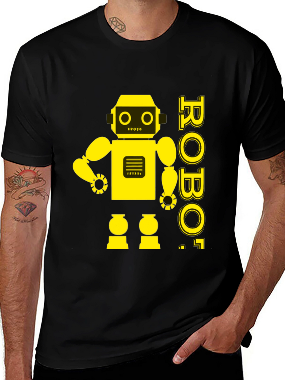 Retro Robot Graphic Tee - Black Cotton T-Shirt