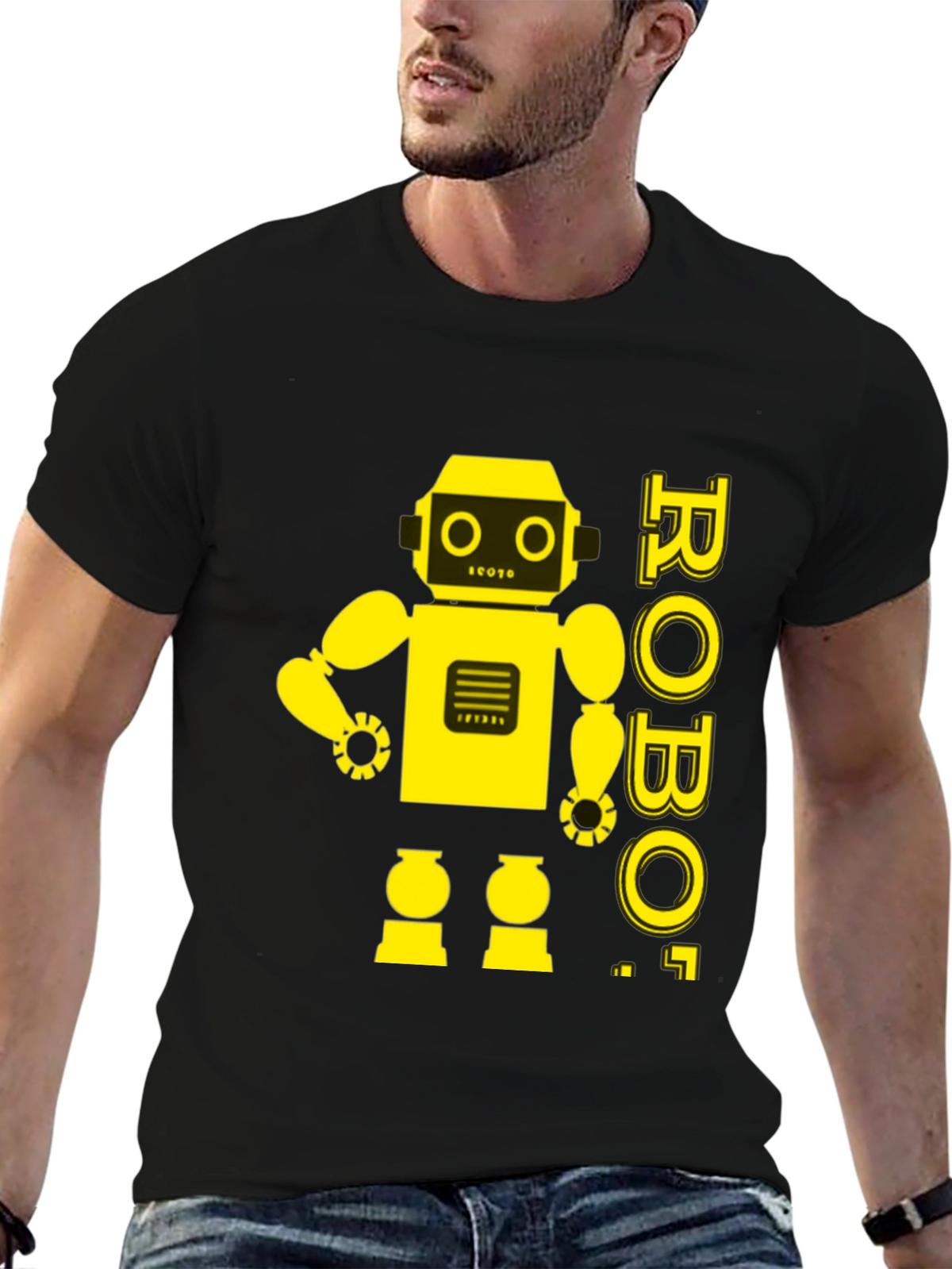 Retro Robot Graphic Tee - Black Cotton T-Shirt