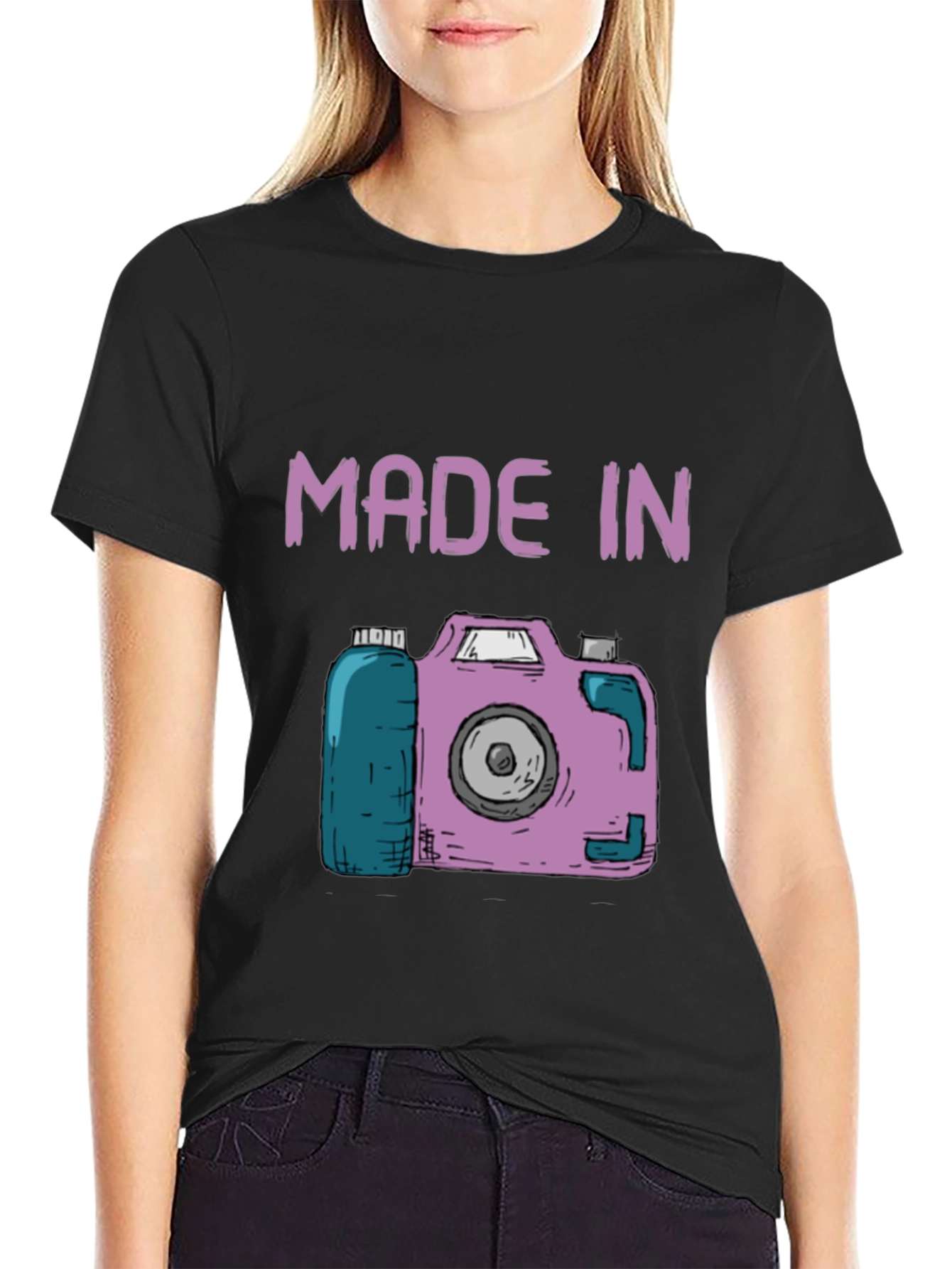Funny Made In Camera Black Graphic Tee