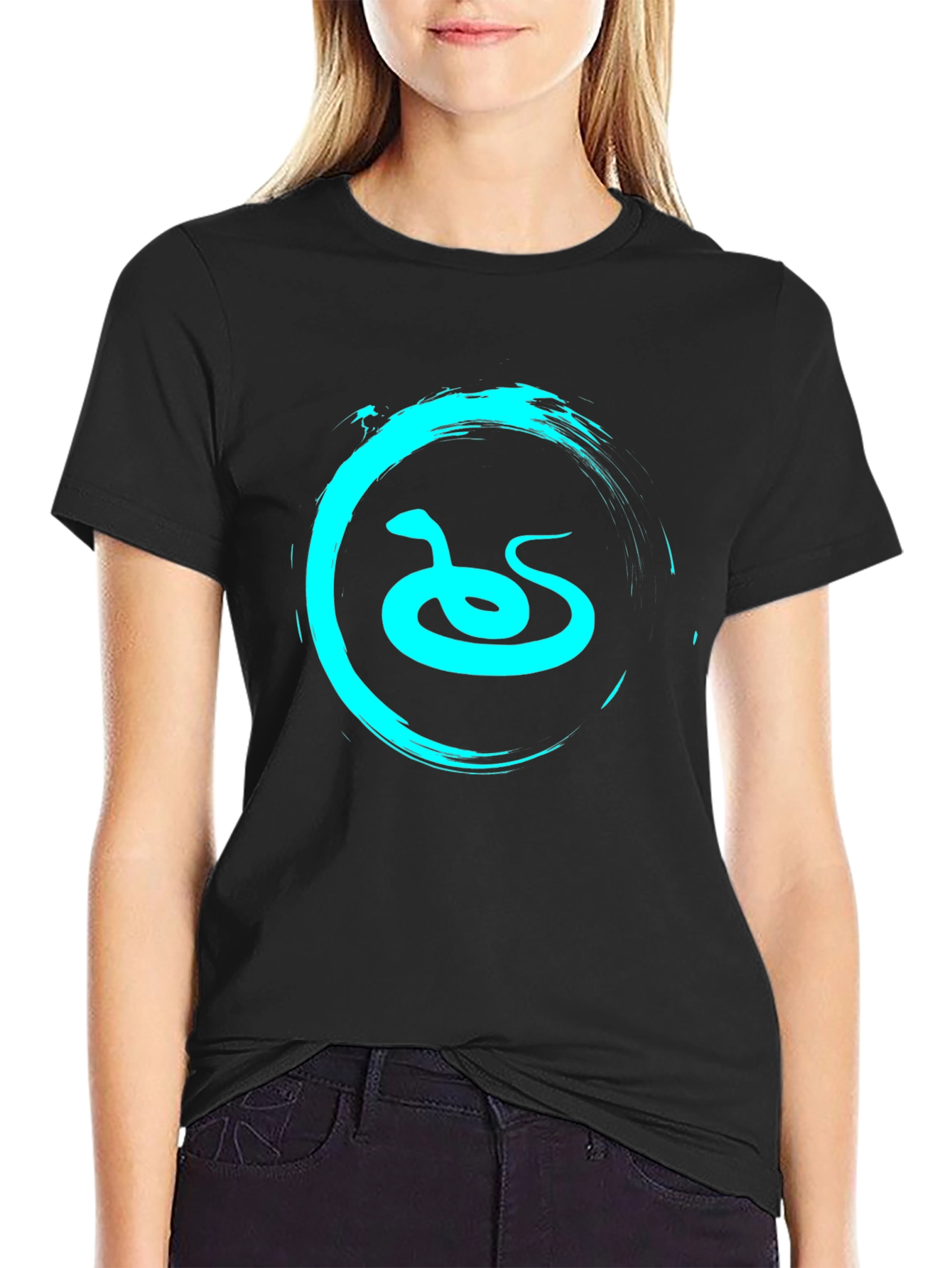 Mens Black T-Shirt with Teal Snake Graphic