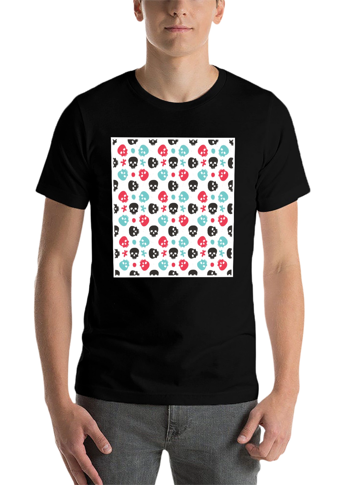 Skull Pattern Tee - Black Cotton Blend
