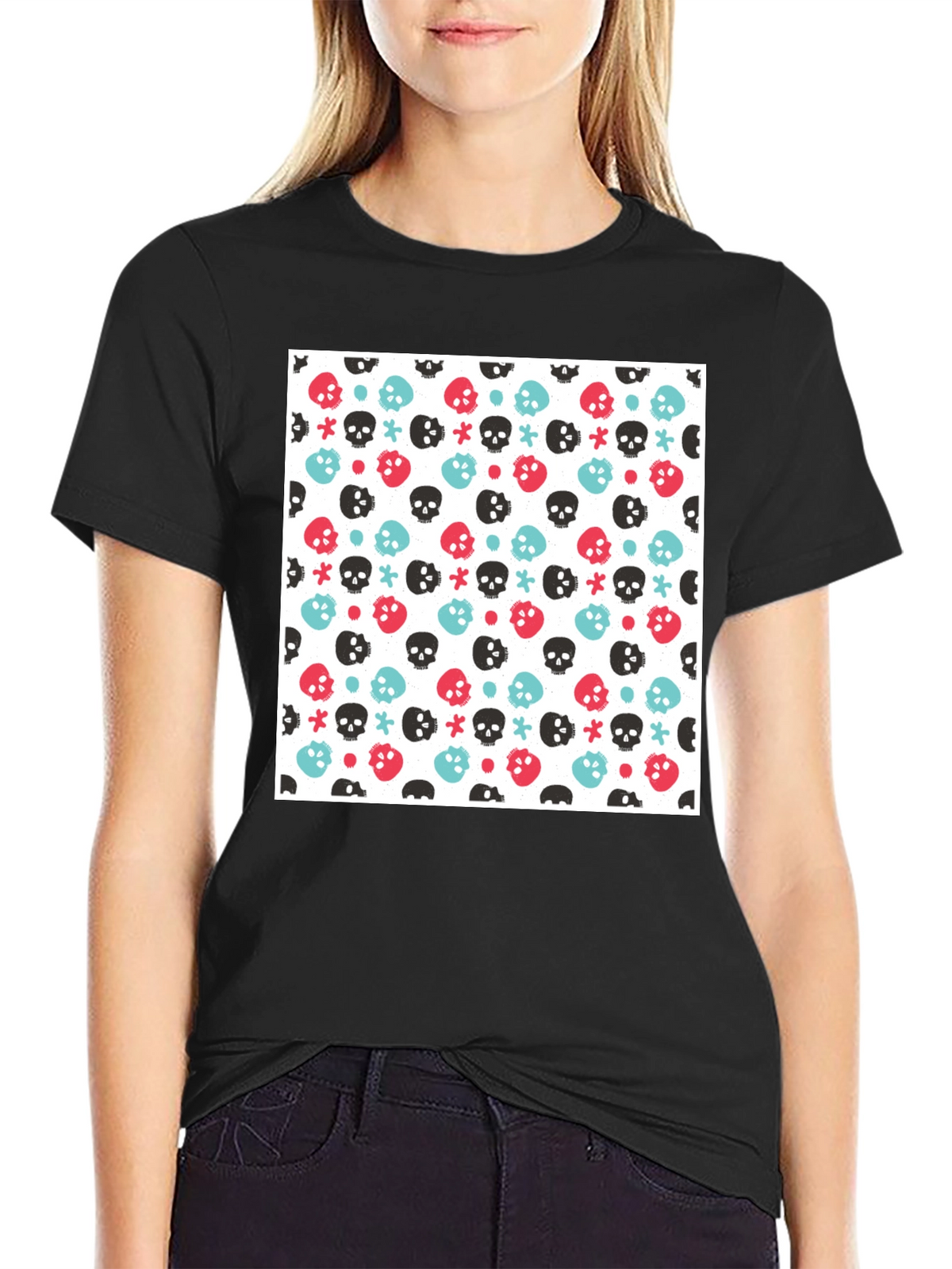 Skull Pattern Tee - Black Cotton Blend