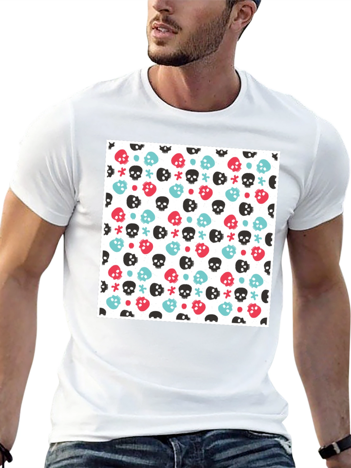 Skull Pattern Tee - Black Cotton Blend