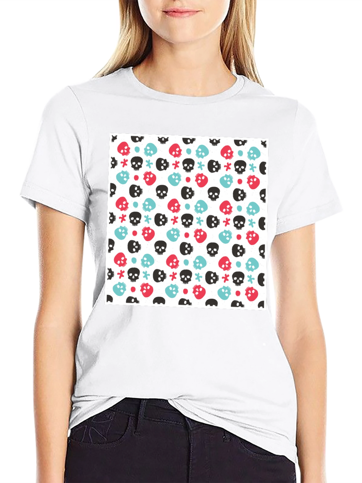 Skull Pattern Tee - Black Cotton Blend