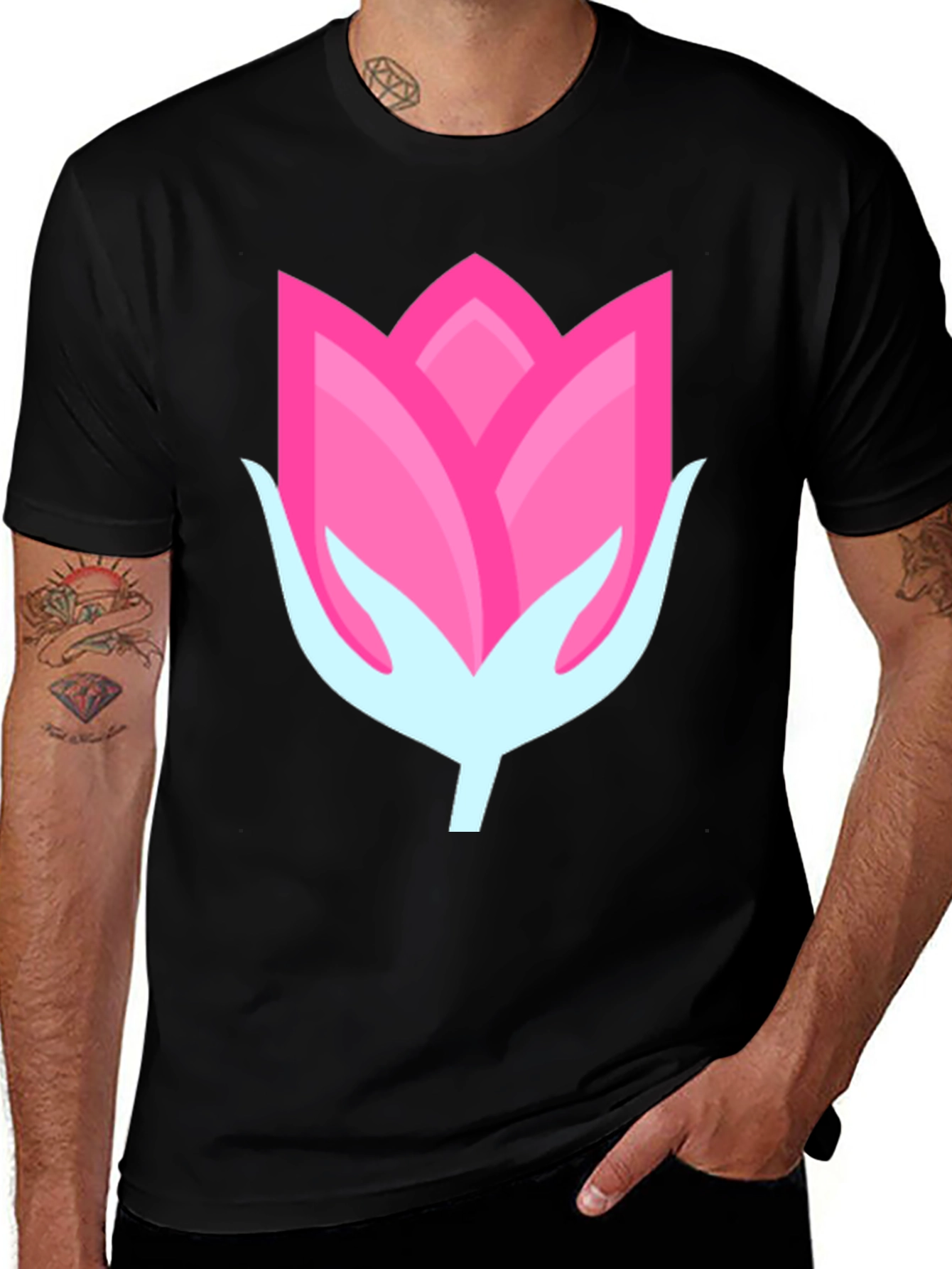 Pink Flower Graphic Black T-Shirt