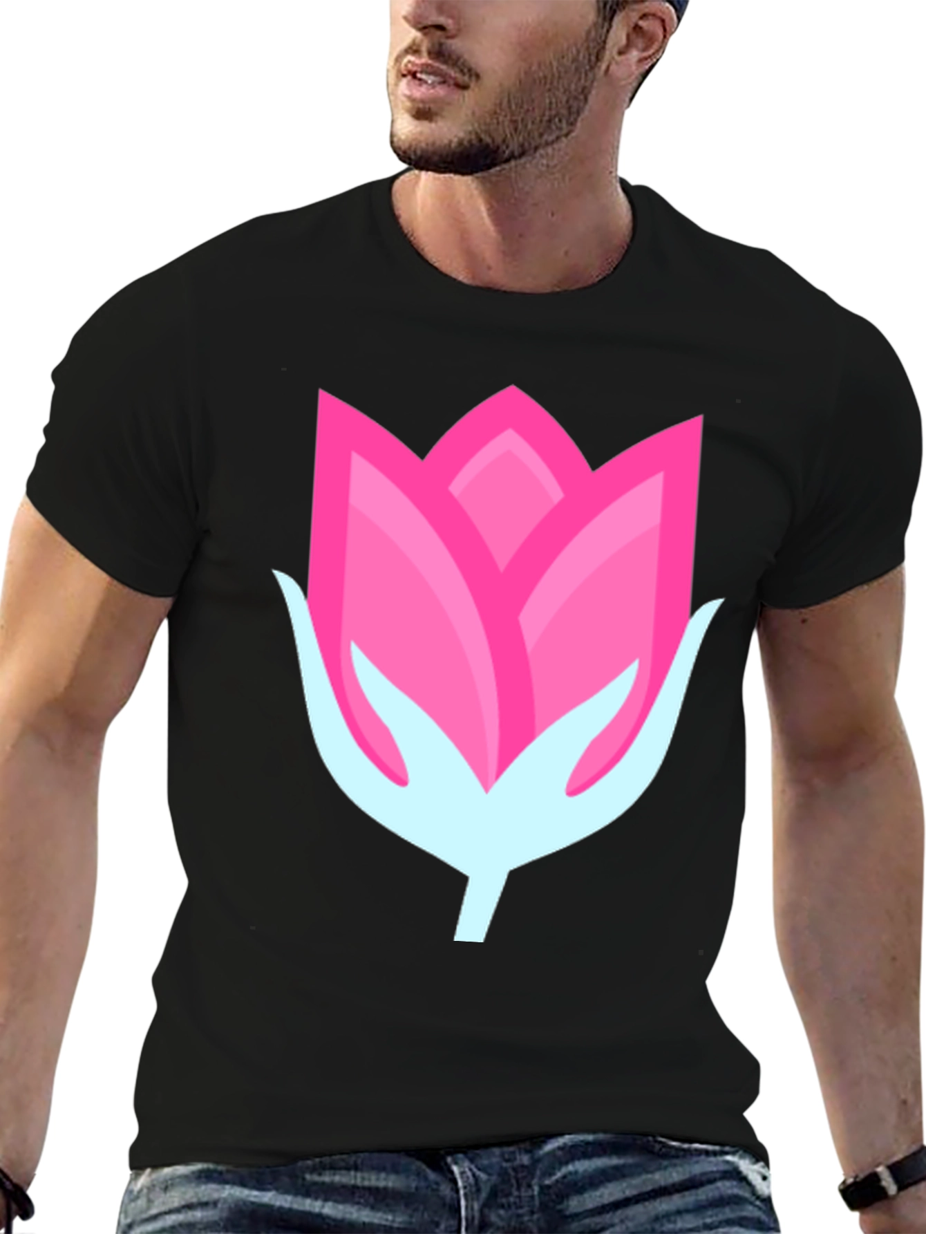 Pink Flower Graphic Black T-Shirt