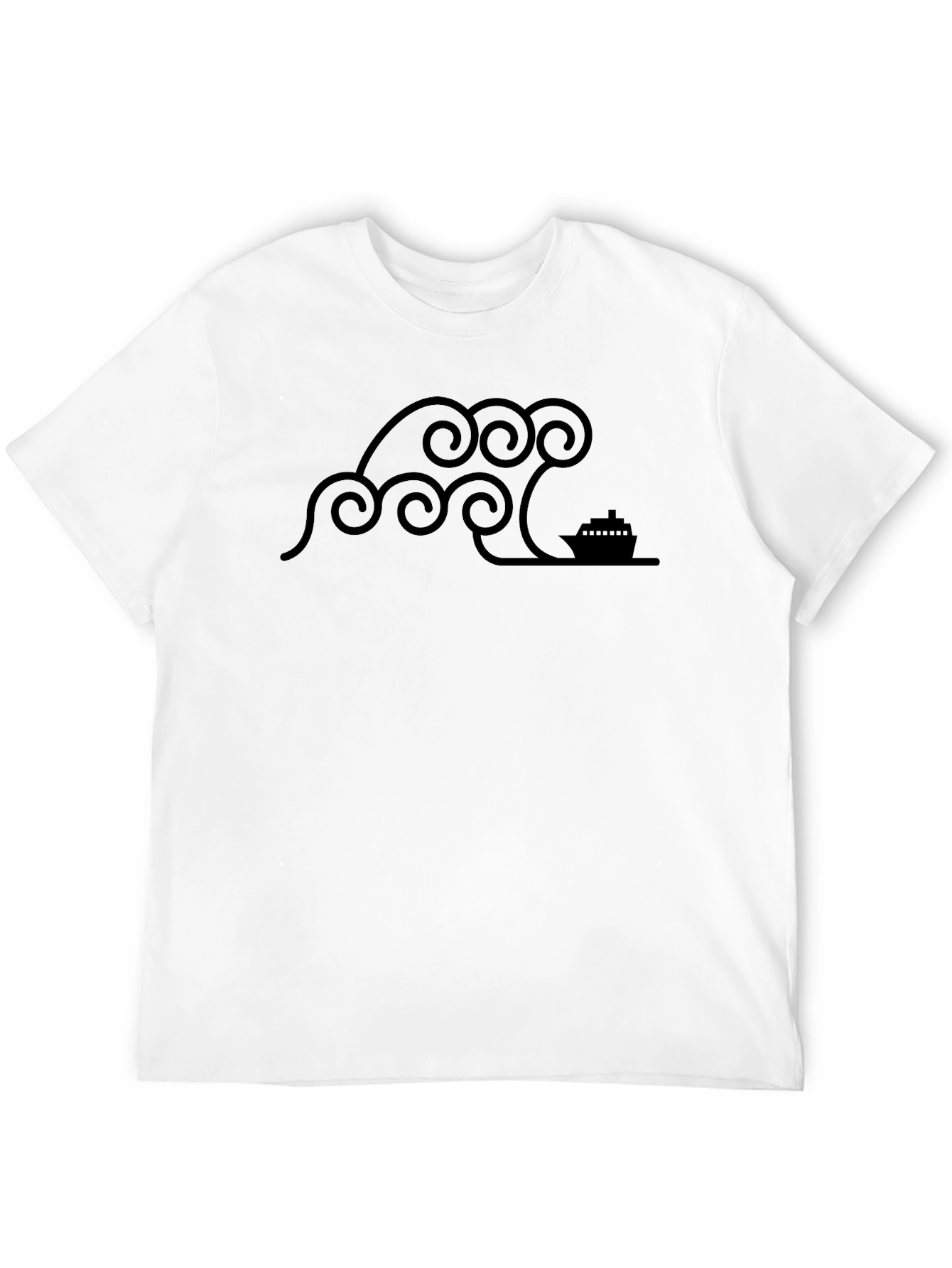 Stylized Wave & Boat Graphic Tee - Black