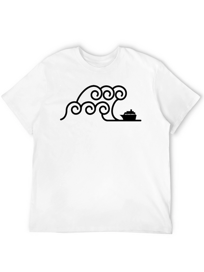 Stylized Wave & Boat Graphic Tee - Black