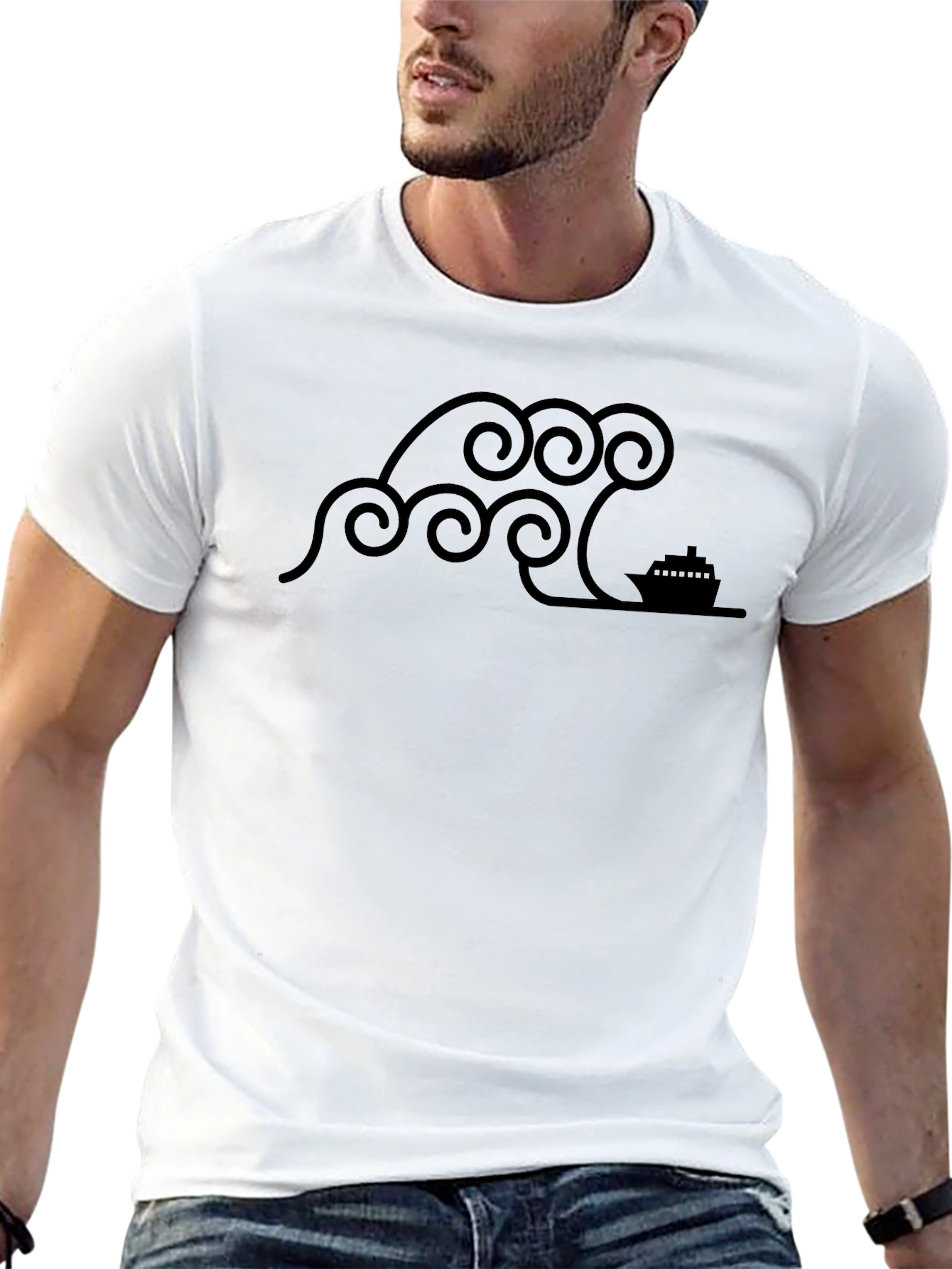 Stylized Wave & Boat Graphic Tee - Black