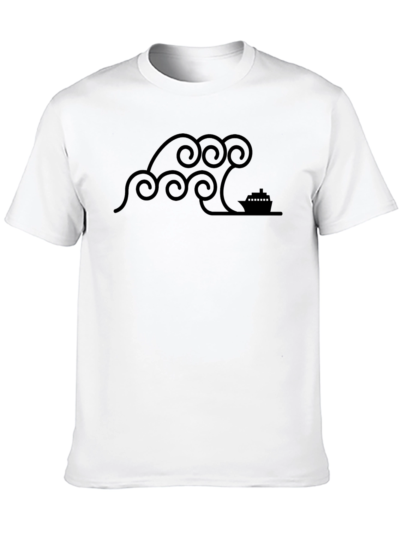 Stylized Wave & Boat Graphic Tee - Black