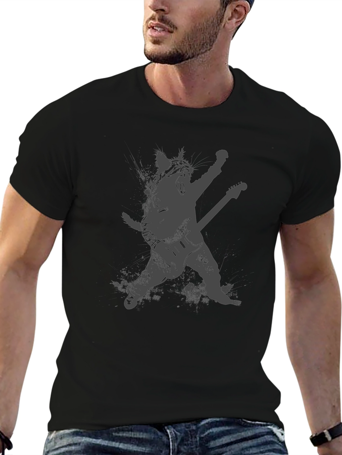 Rock Cat Black T-Shirt - Guitar Hero