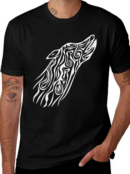 Tribal Wolf Graphic Tee - Black Cotton Blend
