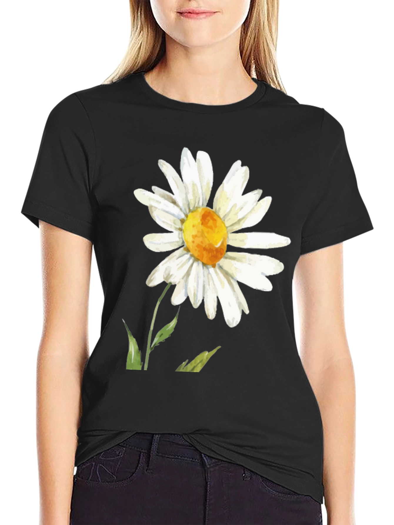 Daisy Flower Graphic Tee - Black Casual Comfort