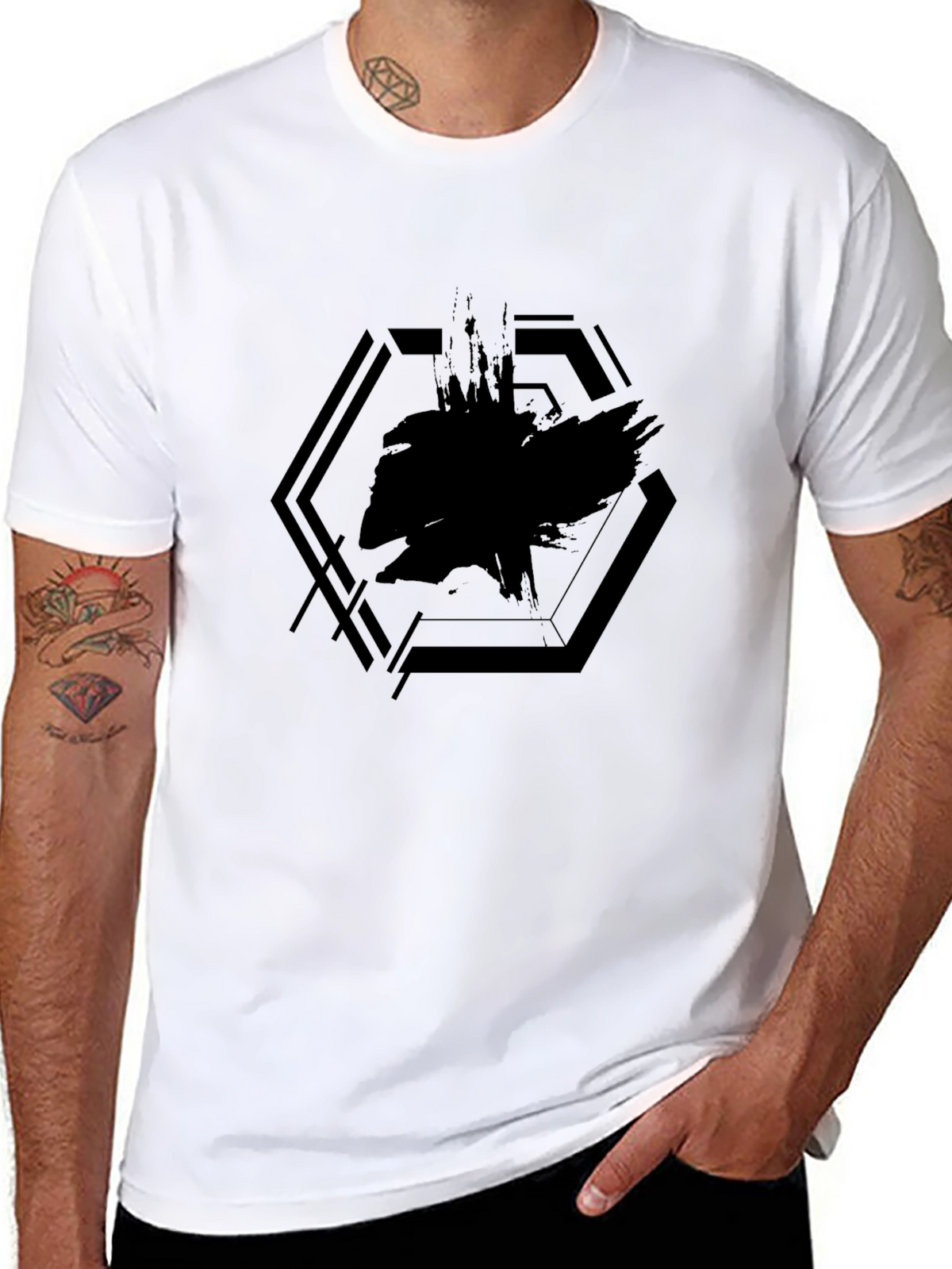 Mens Black Graphic Tee - Abstract Hexagon Design