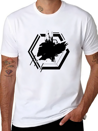 Mens Black Graphic Tee - Abstract Hexagon Design