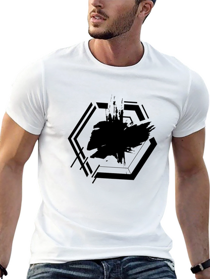 Mens Black Graphic Tee - Abstract Hexagon Design