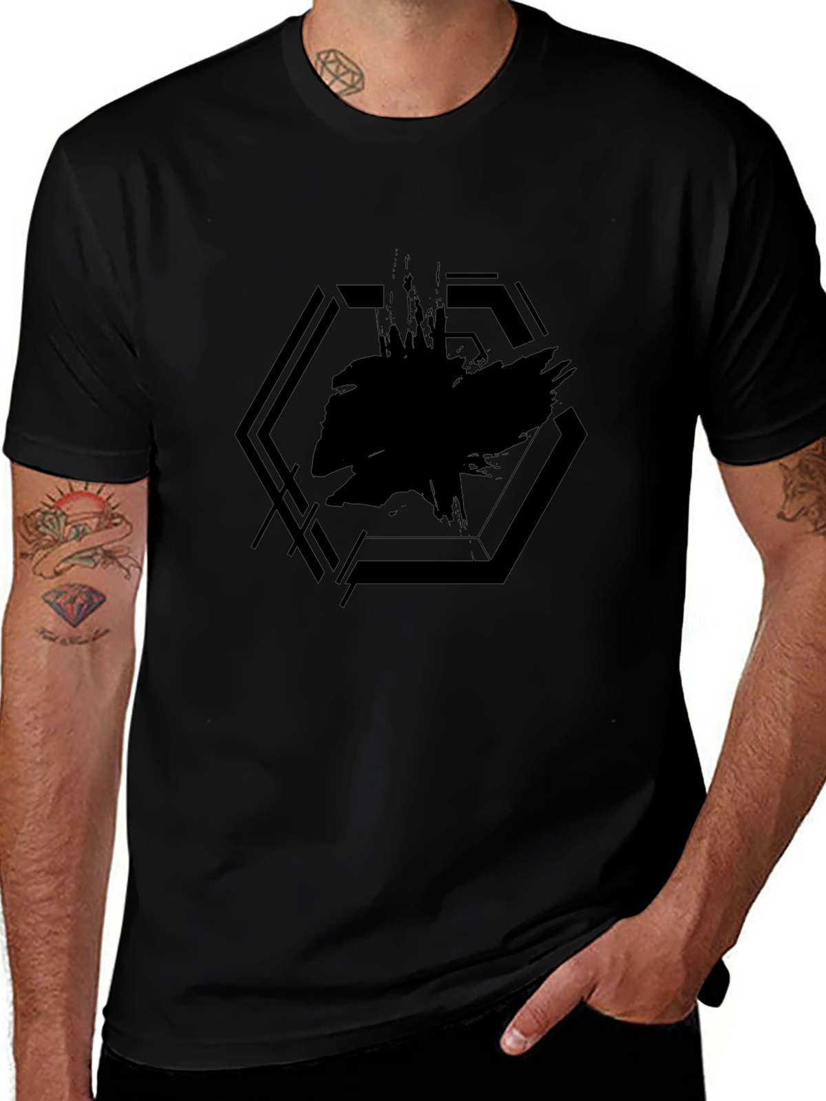 Mens Black Graphic Tee - Abstract Hexagon Design