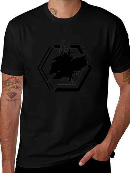 Mens Black Graphic Tee - Abstract Hexagon Design