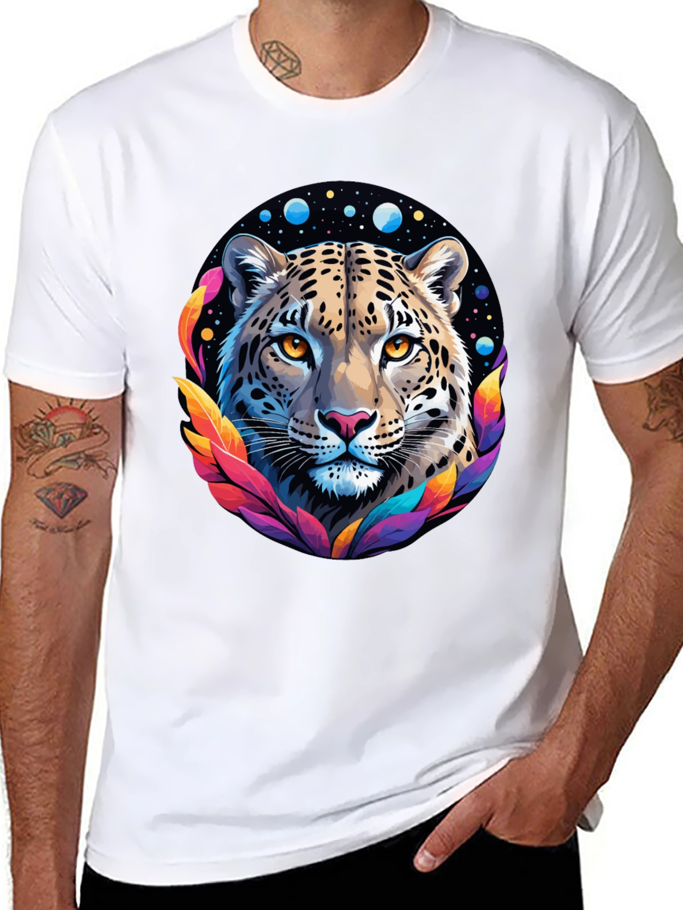 Leopard Galaxy Graphic Print Tee - Stylish Black T-Shirt
