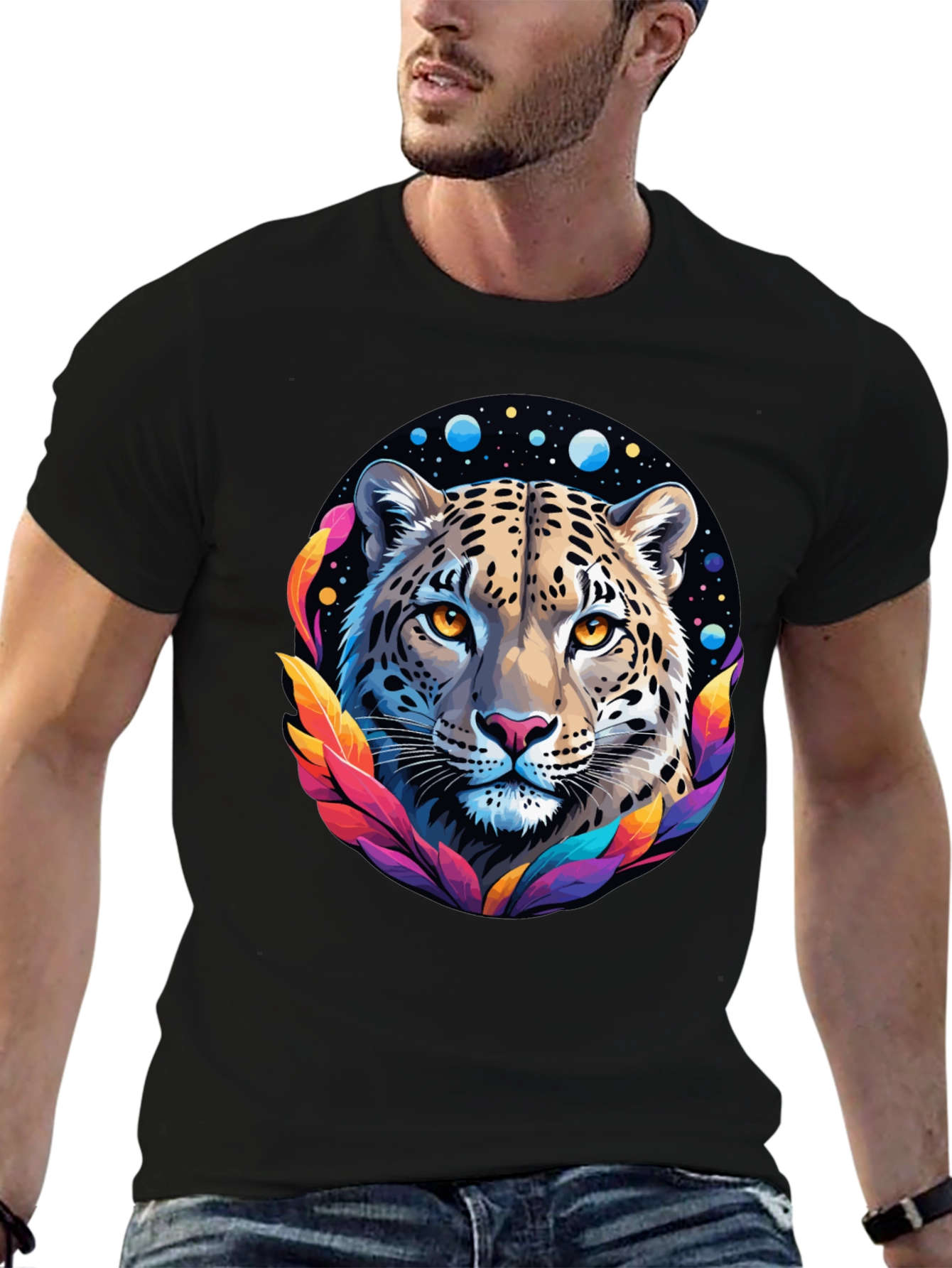 Leopard Galaxy Graphic Print Tee - Stylish Black T-Shirt