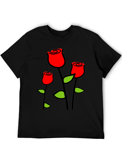 Black T-Shirt with Red Roses Graphic Print