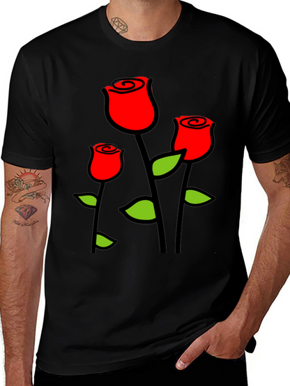 Black T-Shirt with Red Roses Graphic Print