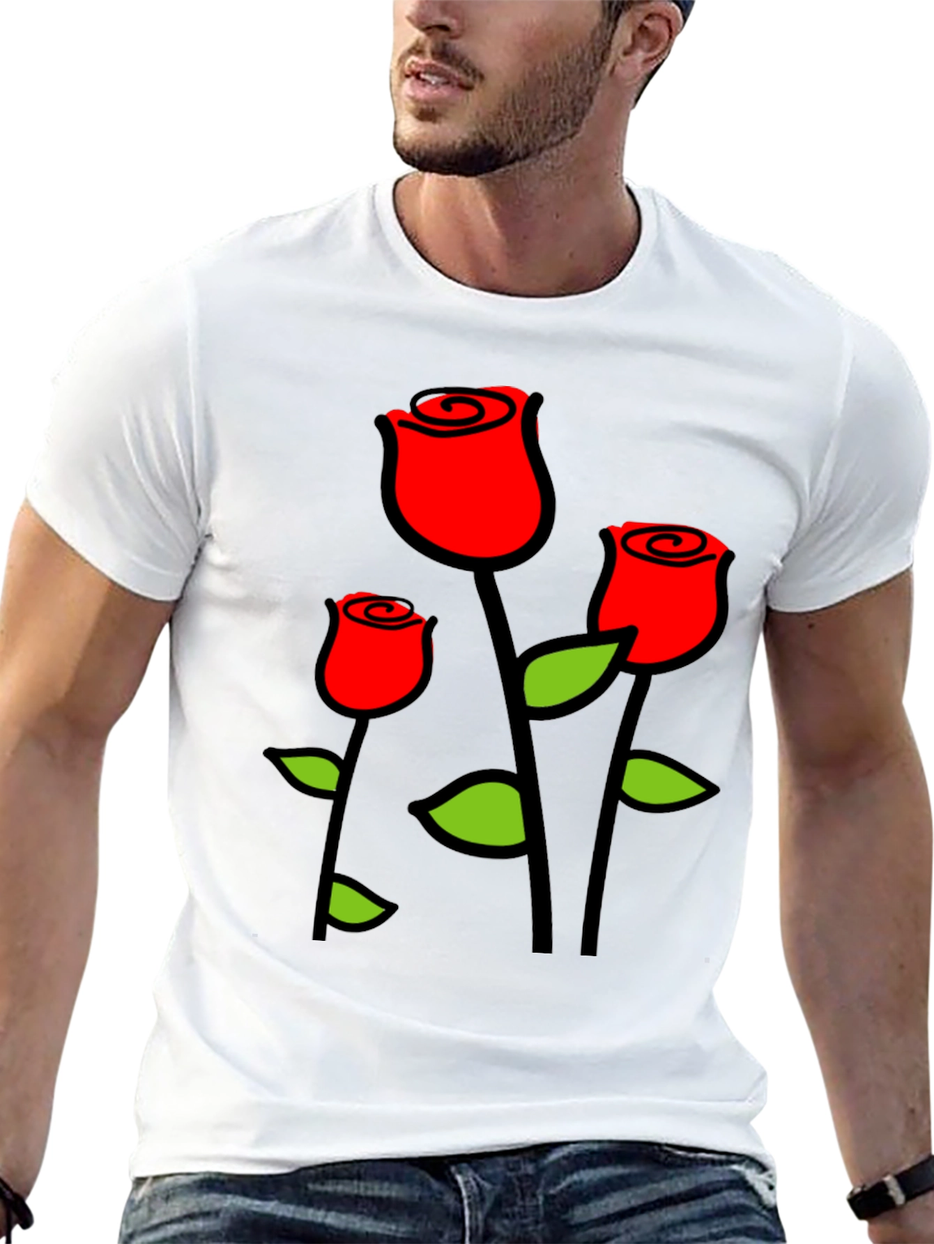 Black T-Shirt with Red Roses Graphic Print