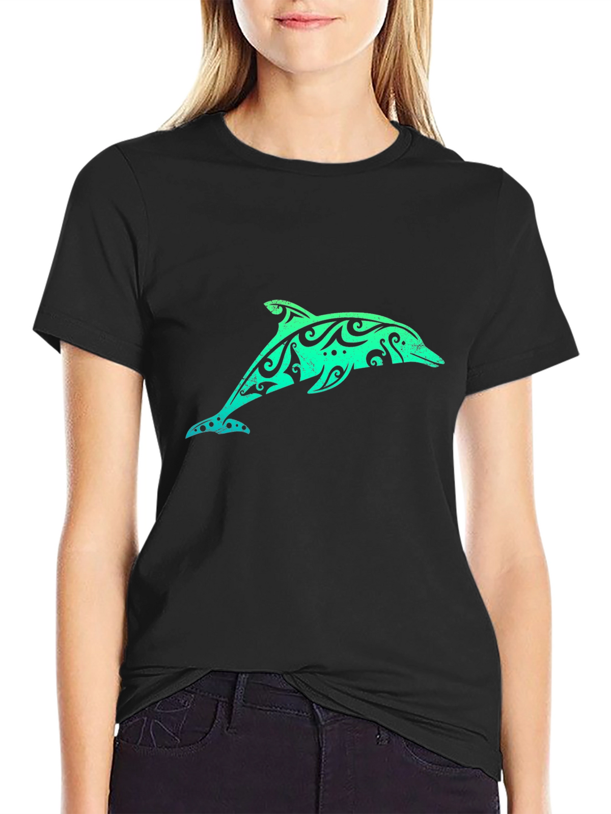 Tribal Dolphin Graphic Tee - Black Cotton T-Shirt