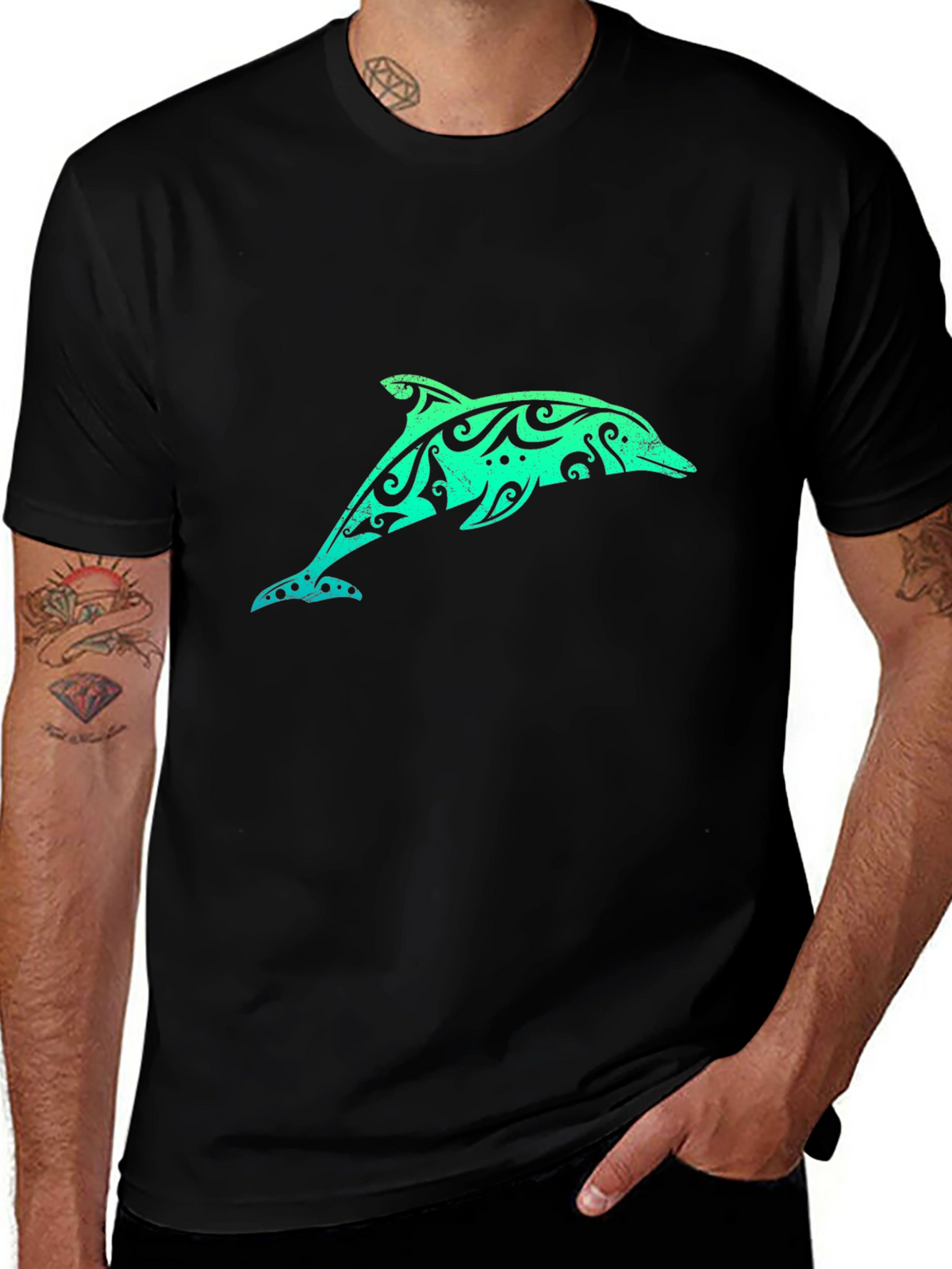 Tribal Dolphin Graphic Tee - Black Cotton T-Shirt