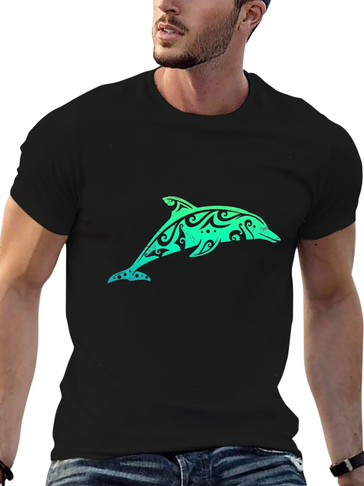Tribal Dolphin Graphic Tee - Black Cotton T-Shirt