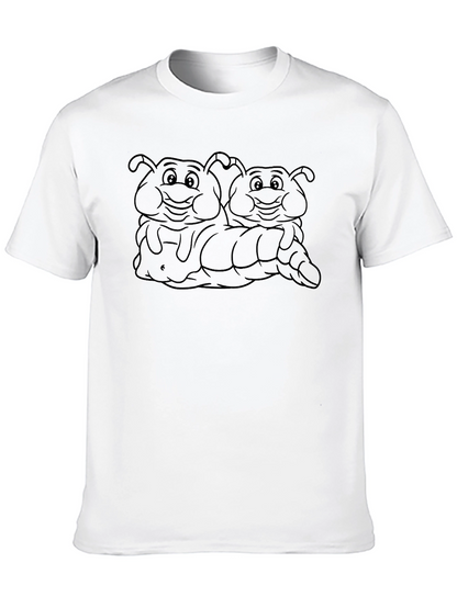 Mens Black T-Shirt with Smiling Caterpillar Cartoon
