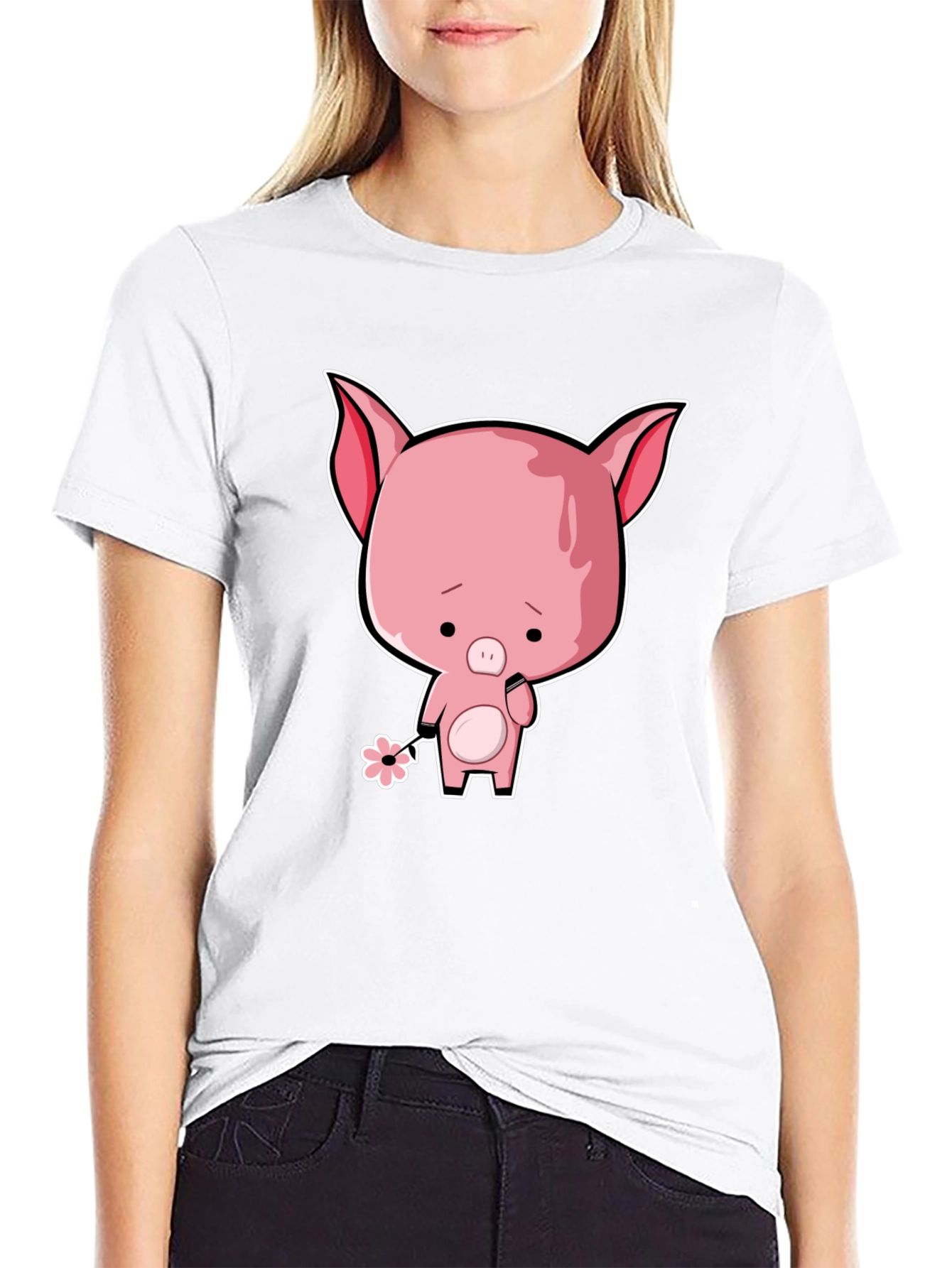 Sad Pig Cartoon T-Shirt - Black