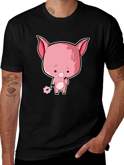 Sad Pig Cartoon T-Shirt - Black