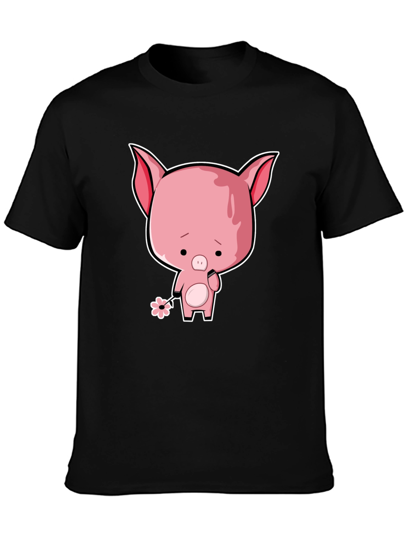 Sad Pig Cartoon T-Shirt - Black