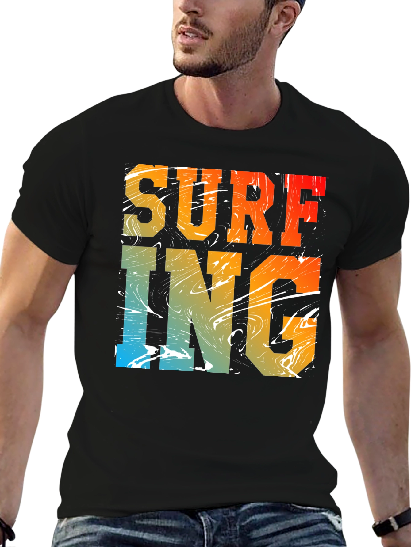 Surfing Graphic Print Black Crew Neck T-Shirt