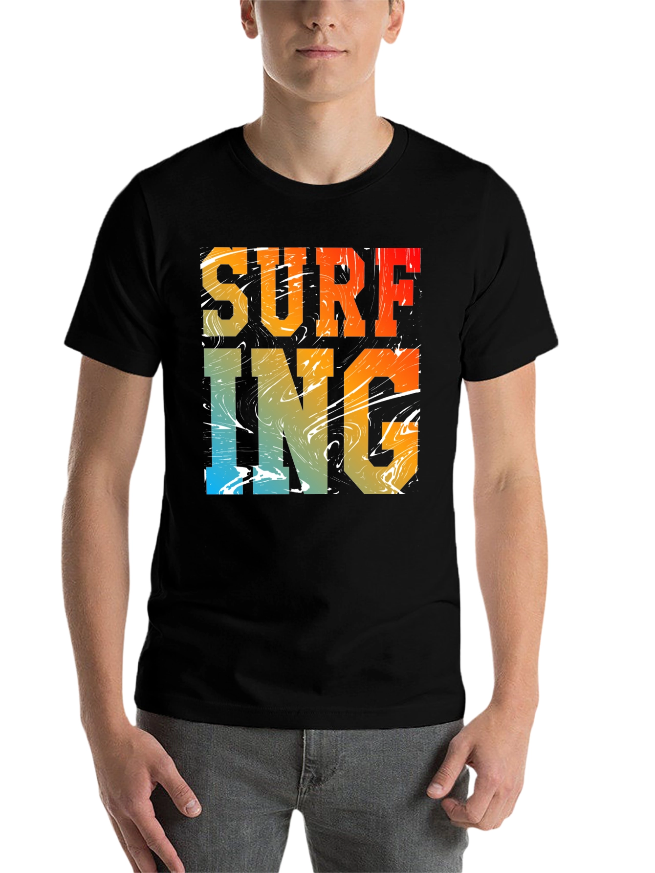 Surfing Graphic Print Black Crew Neck T-Shirt