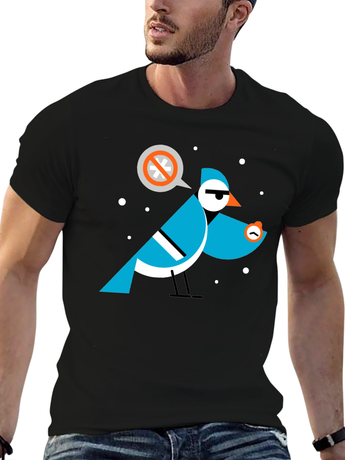 Geometric Bird Graphic Tee - Black Cotton T-Shirt