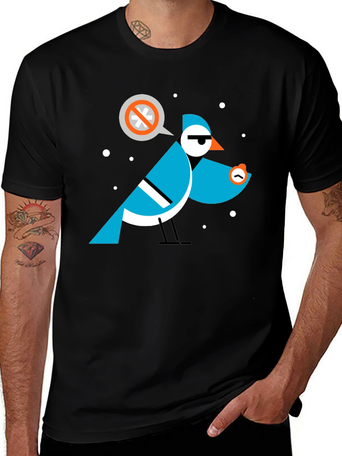 Geometric Bird Graphic Tee - Black Cotton T-Shirt