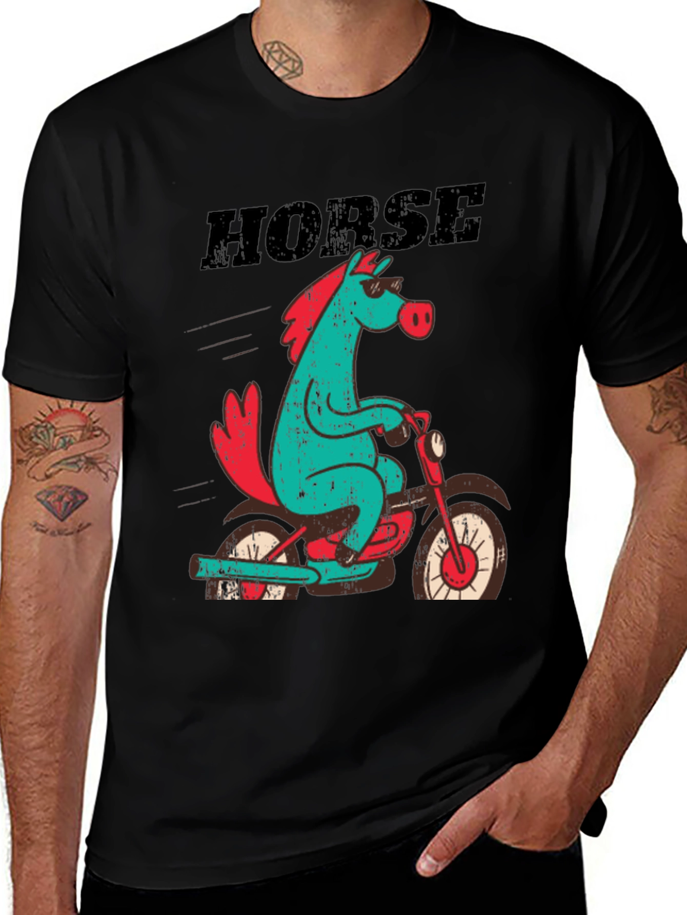 Horse on Motorcycle Graphic T-Shirt - Black